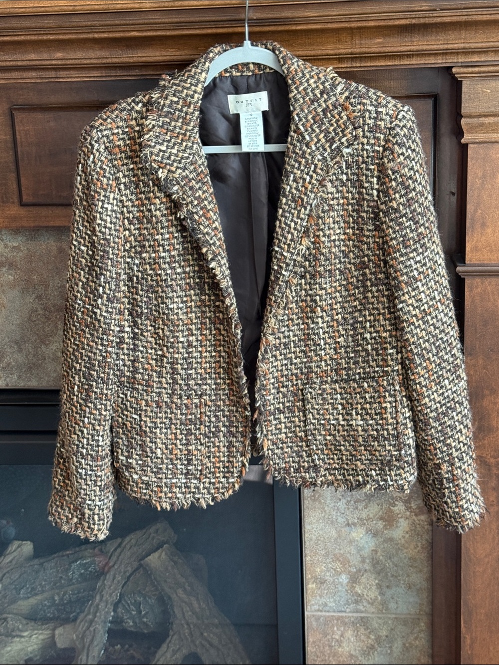 Semi vintage Y2K earth tone tweed blazer jacket fringe trim size 10
